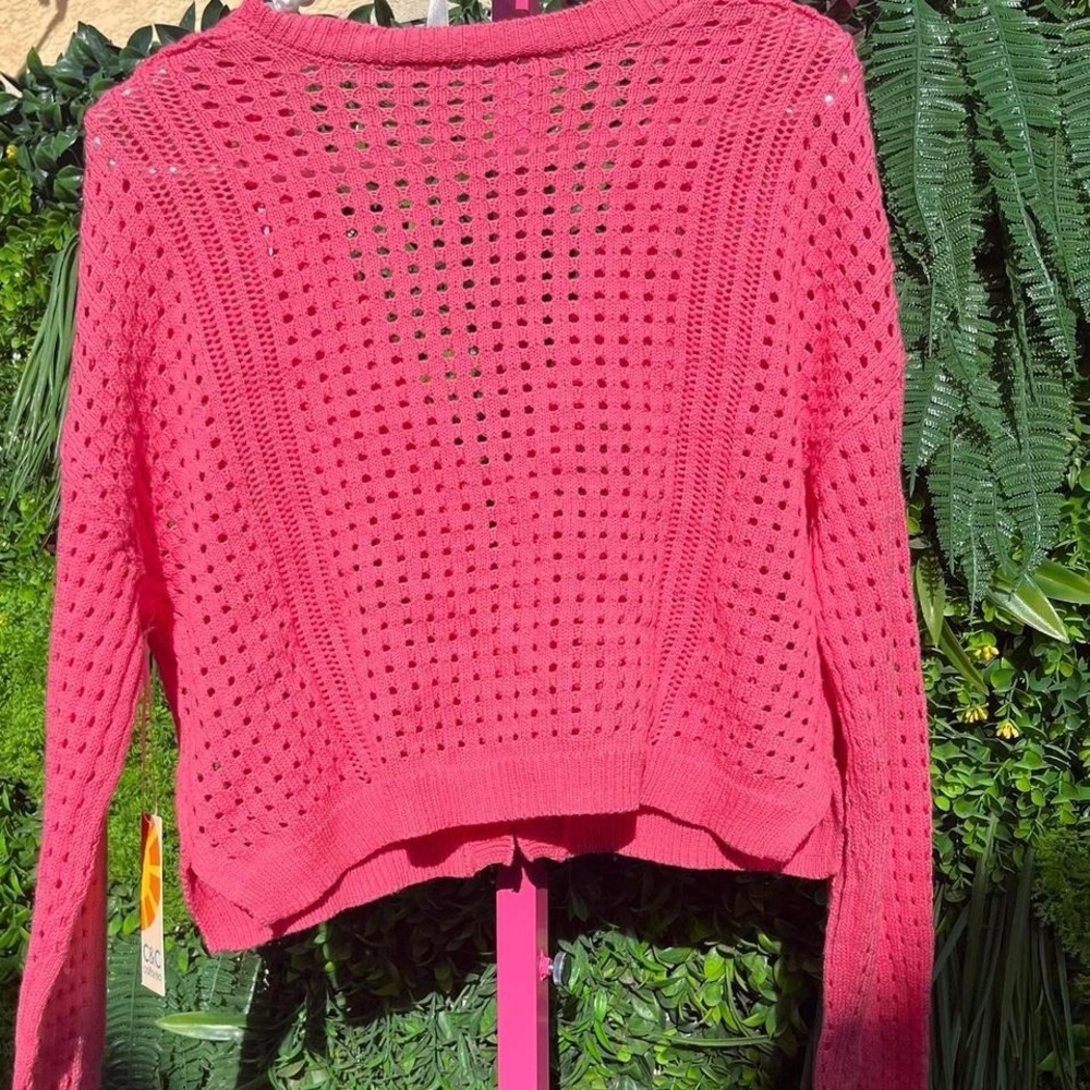 C&C California 100% Cotton Pink Open Knit Crochet Tie Front Cardigan Size Large - Picture 5 of 5